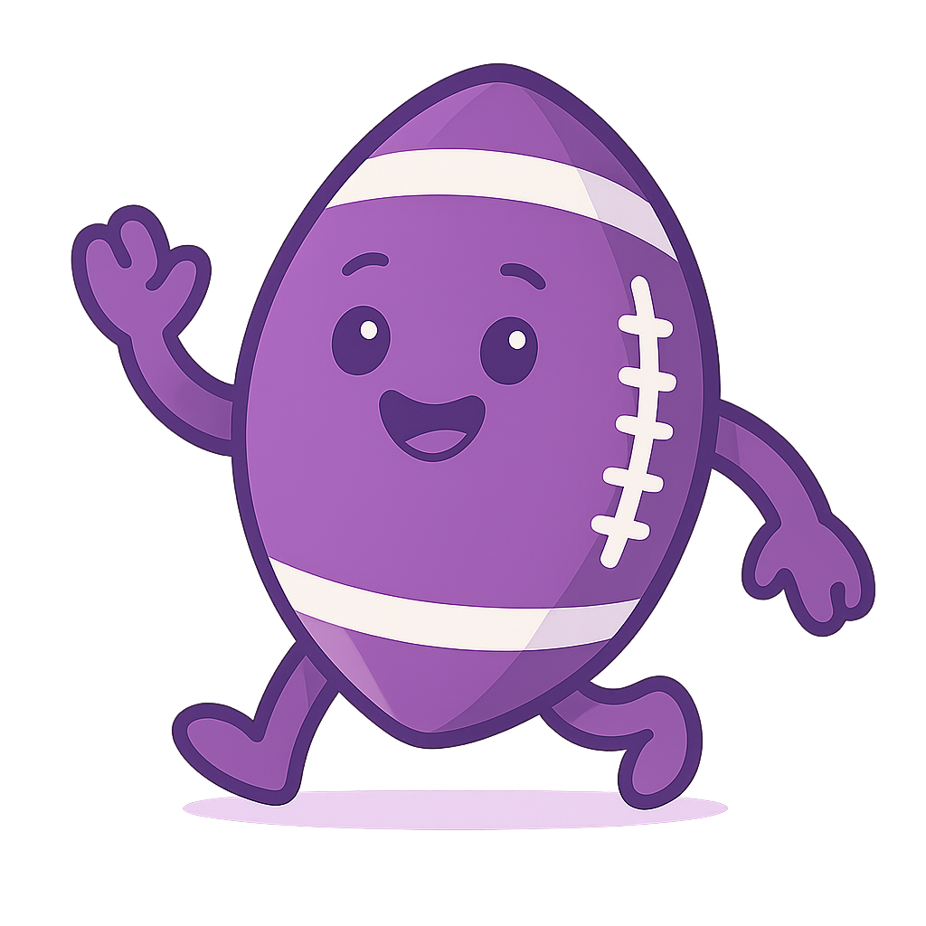 Lacey - A smiling purple cartoon football with arms and legs